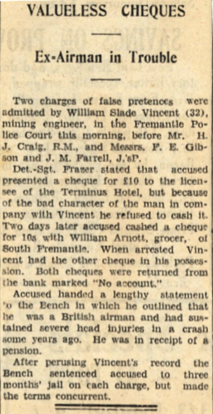Newspaper clipping on William’s file - William has been cashing cheques without funds